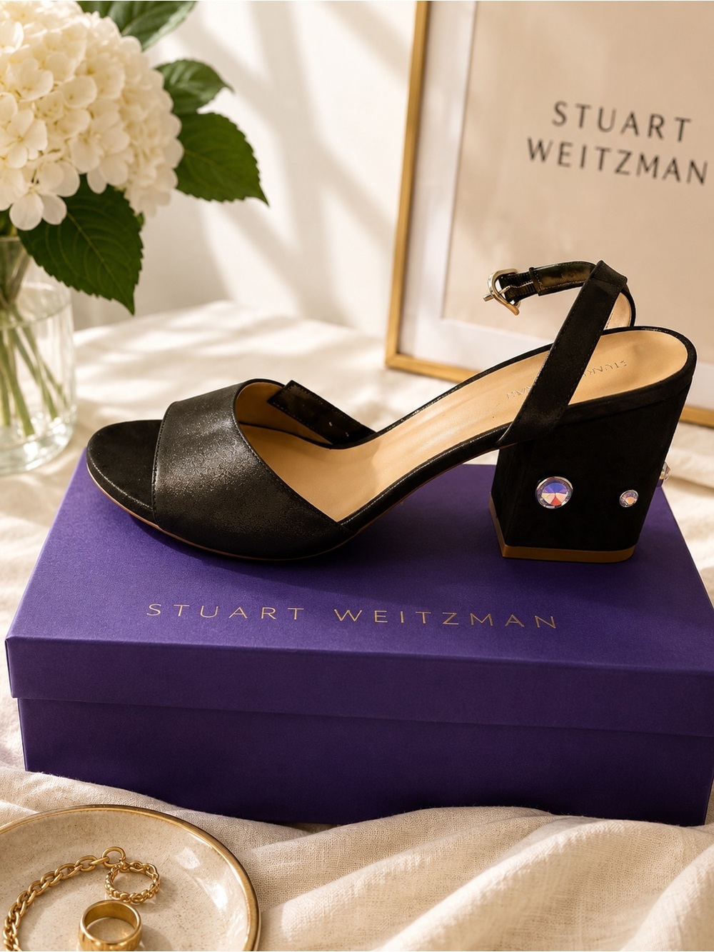 Stuart Weitzman Black Suede Open-Toe Block Heel Sandals with Jewel Accents